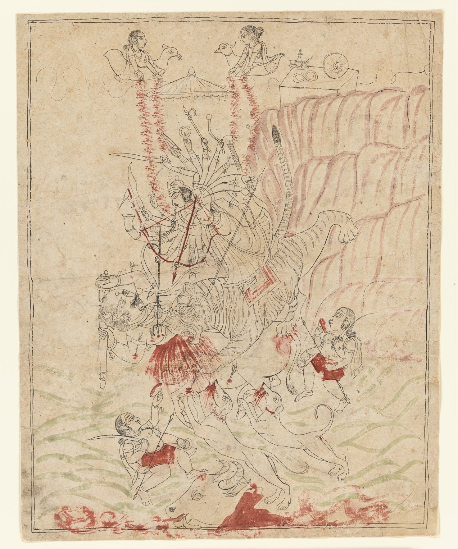 Eighteen-armed Durga defeating the buffalo demon Mahisha in an eighteenth-century Mewar painting.