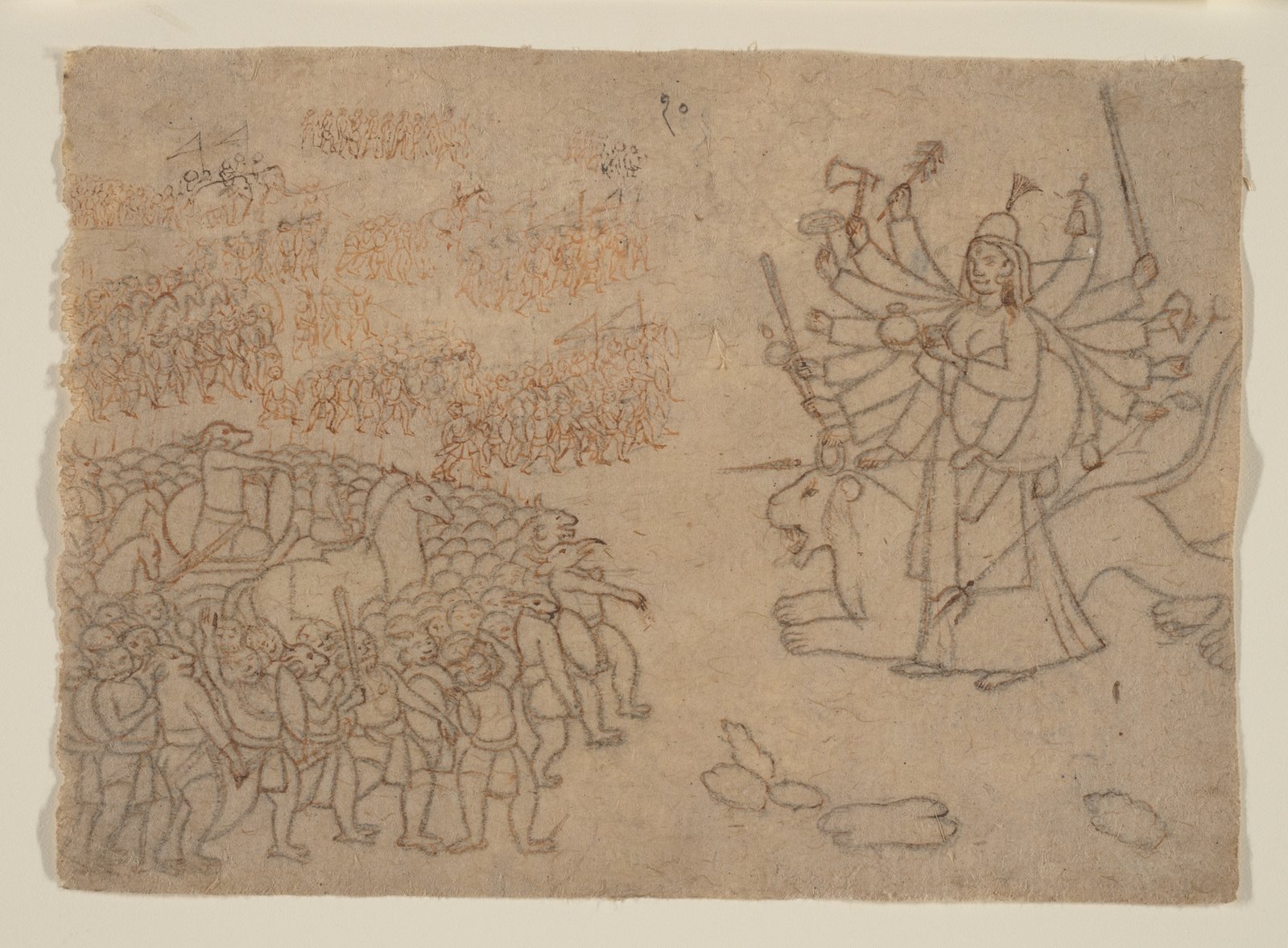 Durga seated on her lion with raised weapons, facing the army of the demon Chikshura in a historic drawing.