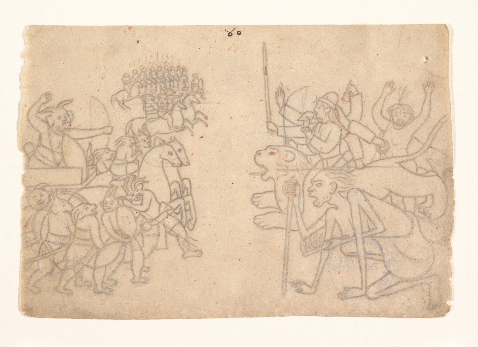 Historic drawing of Durga riding a lion with Kali as they approach an army.