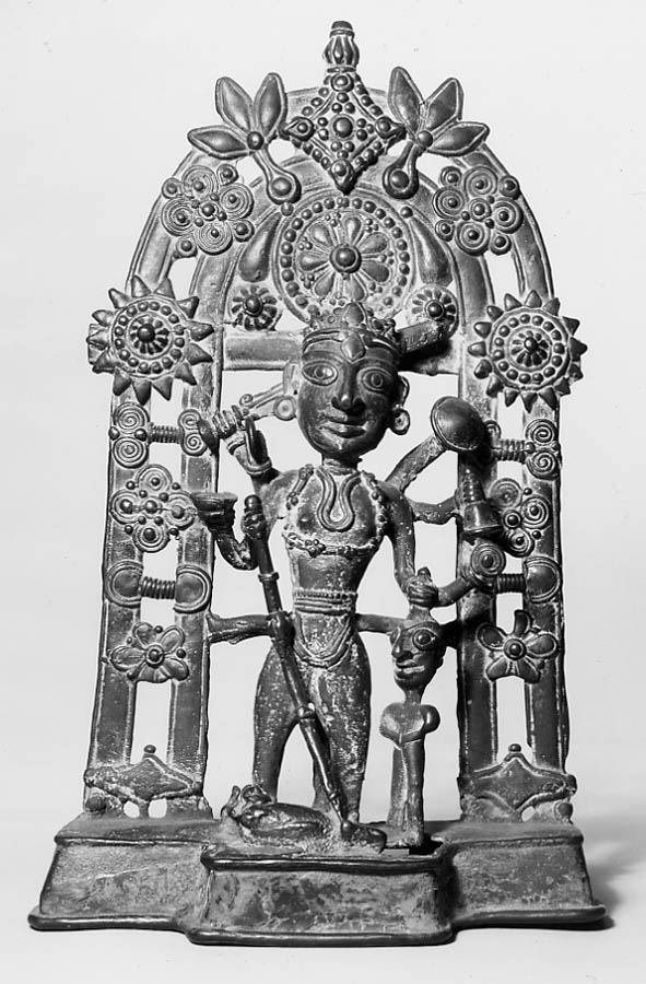 Bronze sculpture of the Hindu goddess Durga defeating the buffalo demon Mahisha.