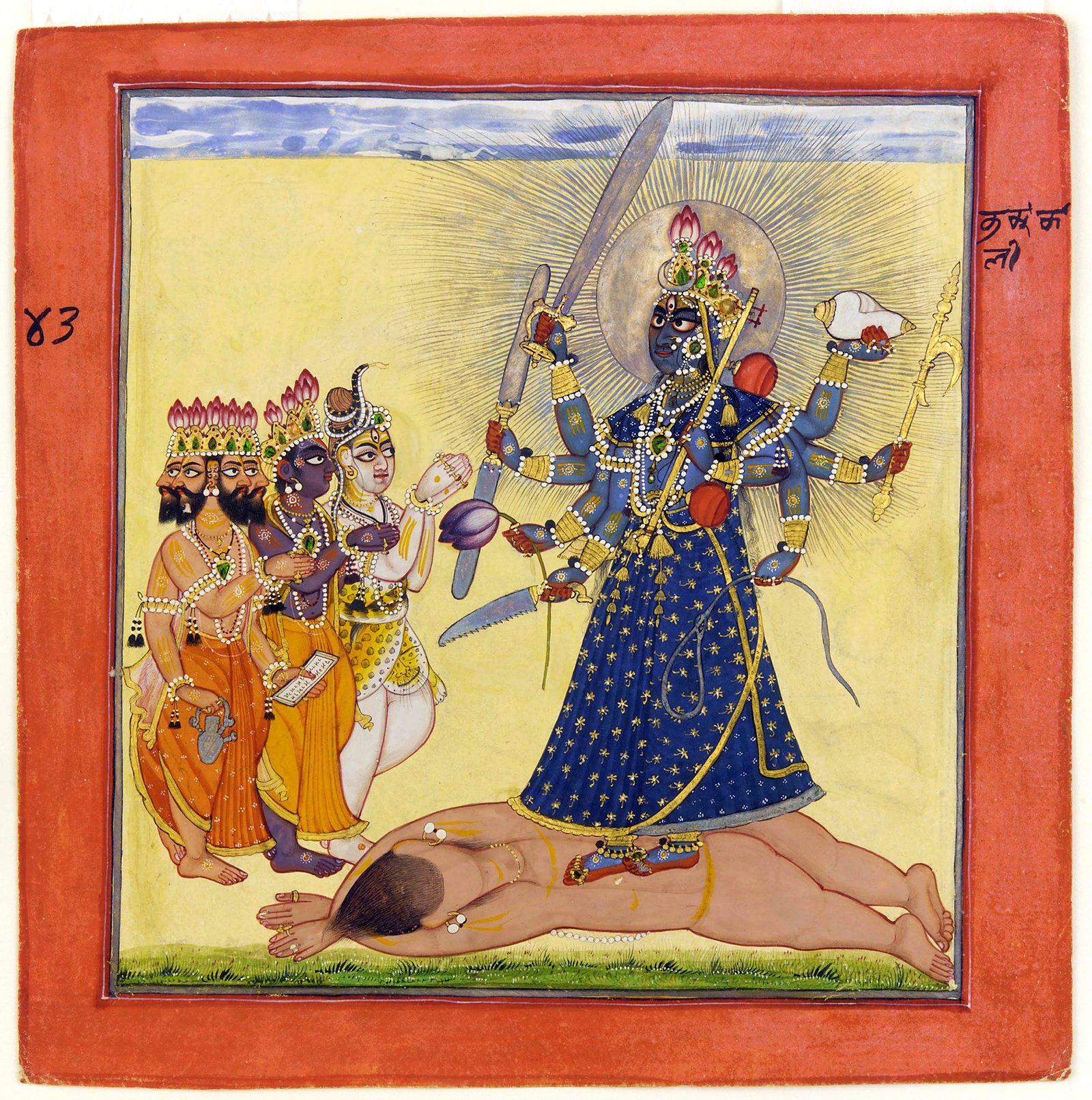 Bhadrakali depicted as supreme Goddess while Brahma, Vishnu and Shiva pay homage.