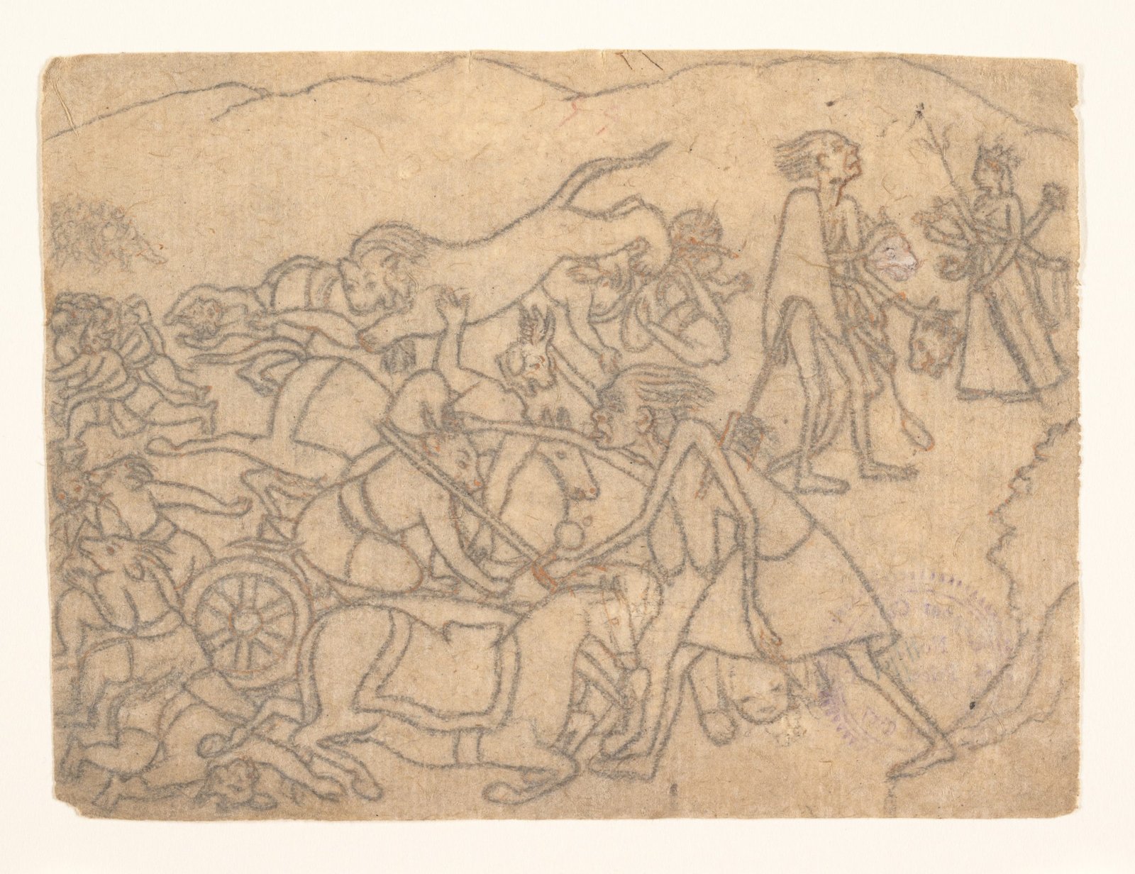 Historic drawing of the battle with Chanda and Munda, with Kali presenting their heads to Durga at the upper right.