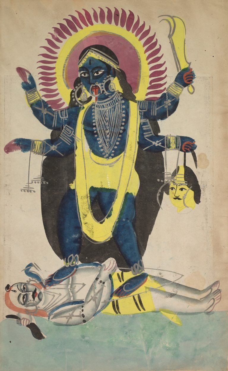 Kalighat painting of dark-blue, four-armed Kali with a sword and severed head, standing on the reclining Shiva.