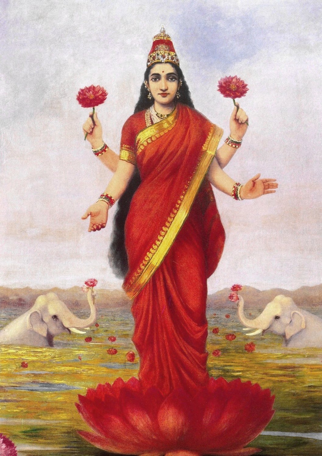 Raja Ravi Varma painting of four-armed Lakshmi in a red sari standing on a lotus, holding two lotus flowers, with elephants behind her.