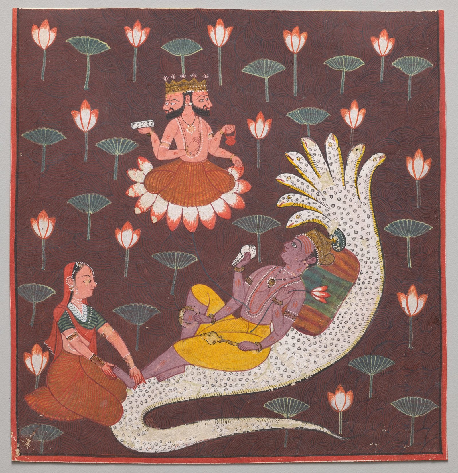 Pahari painting of Vishnu reclining on the many-headed serpent Ananta, with Lakshmi at his feet and Brahma on a lotus above.