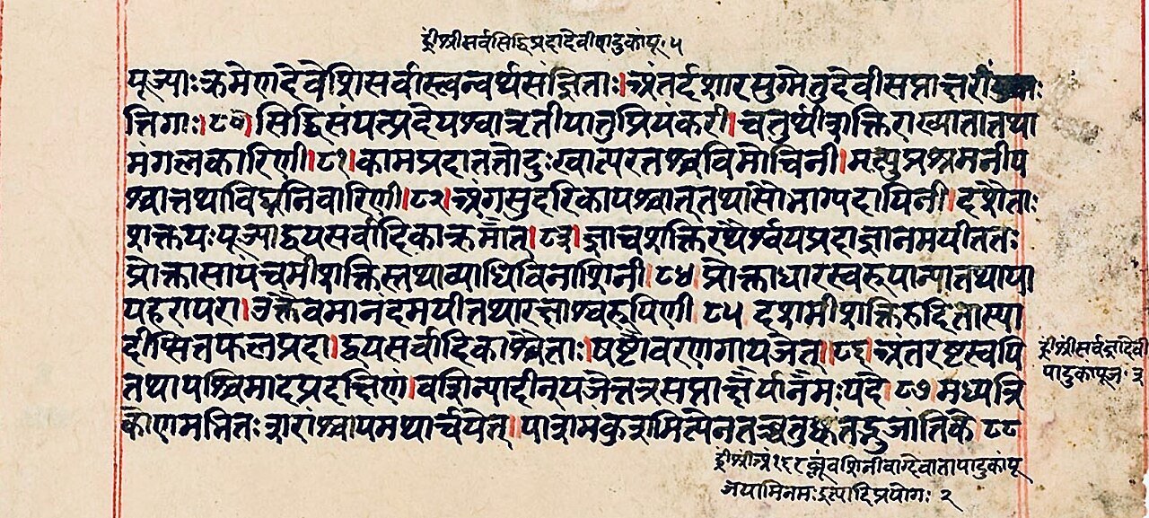 Wide paper folio of the Tantrarajatantra with dense black Devanagari writing, red verse markers and narrow red border lines.