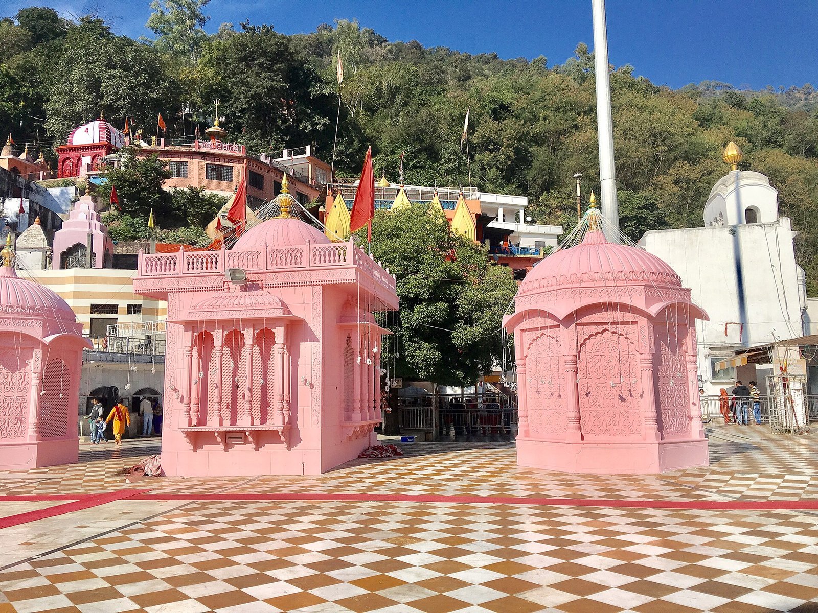 Pink domed structures, flags and visitors in the tiled courtyard of Jwala Ji temple, with a wooded hillside behind.