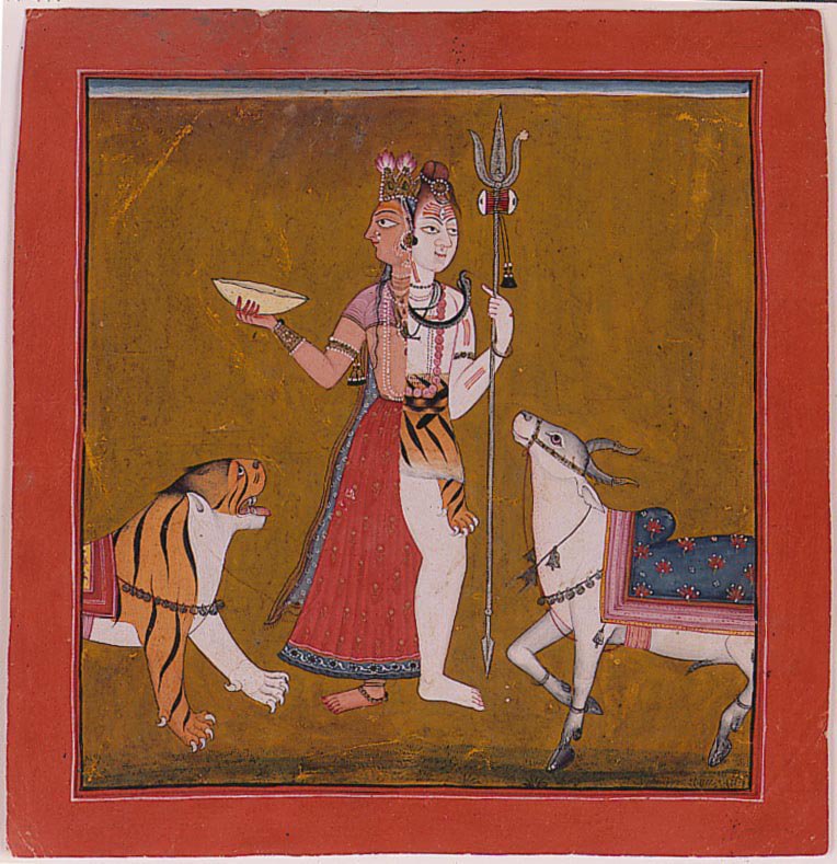 Pahari painting of Ardhanarishvara with contrasting halves of dress and two faces, holding a trident and vessel, flanked by a tiger and a white bull.