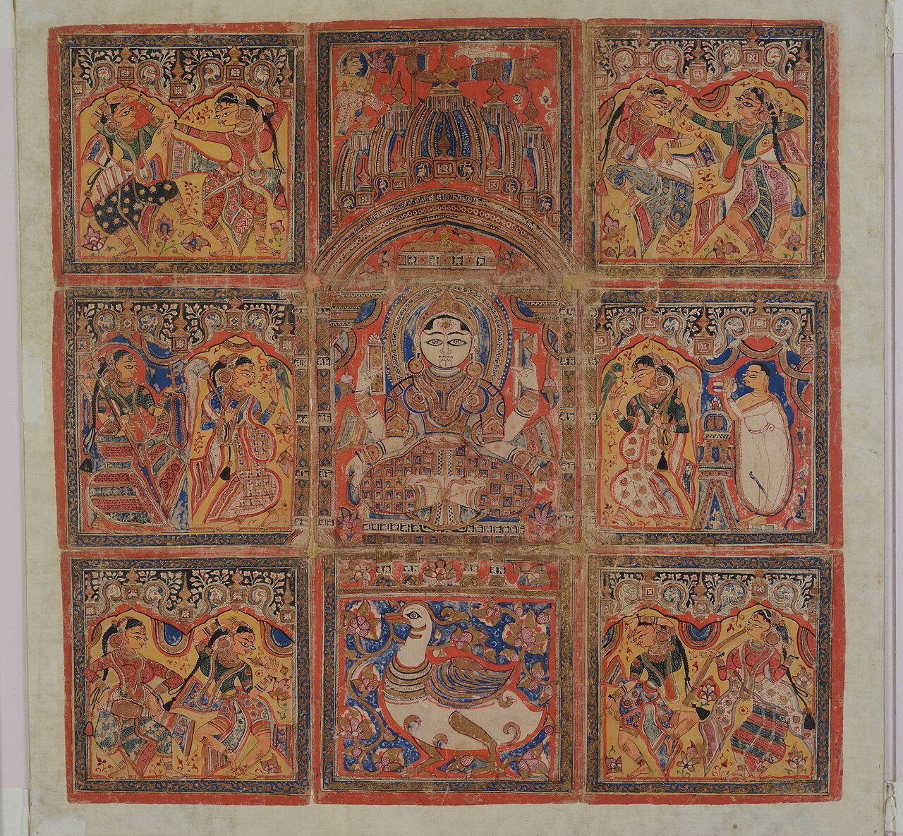 Gujarati devotional cloth with Saraswati in a central shrine, a white hamsa below, and surrounding panels of musicians, dancers and Jain monks.